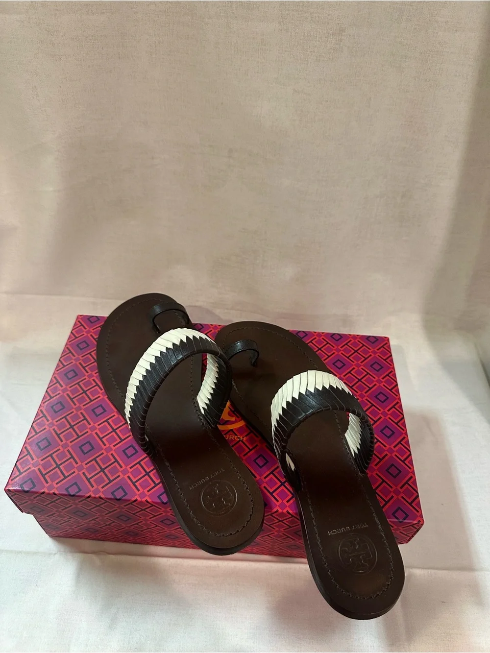 Tory Burch Flat Toe Ring Slide Sandals Woven Coconut/Ivory Size 7.5